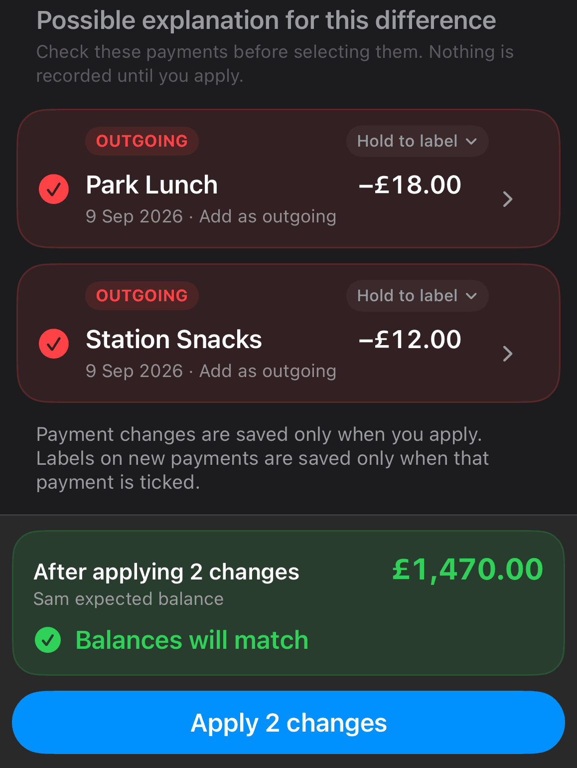 Balance Match suggests two fictional outgoing payments, £18 and £12, and previews a matching balance before Apply is pressed.