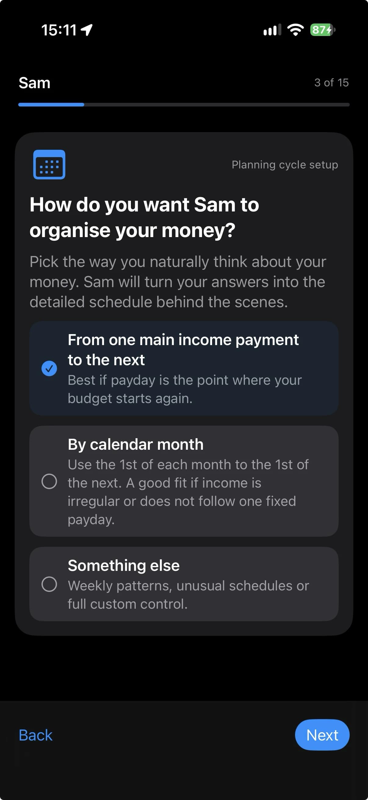 Choosing how Sort All Money organises a planning cycle