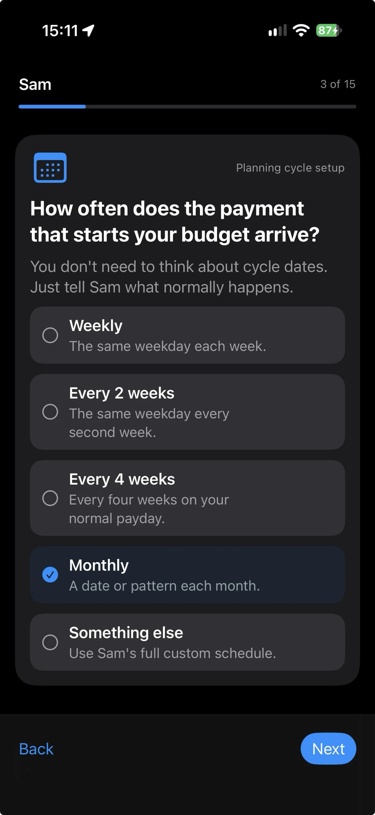 Choosing a planning cycle frequency in Sort All Money